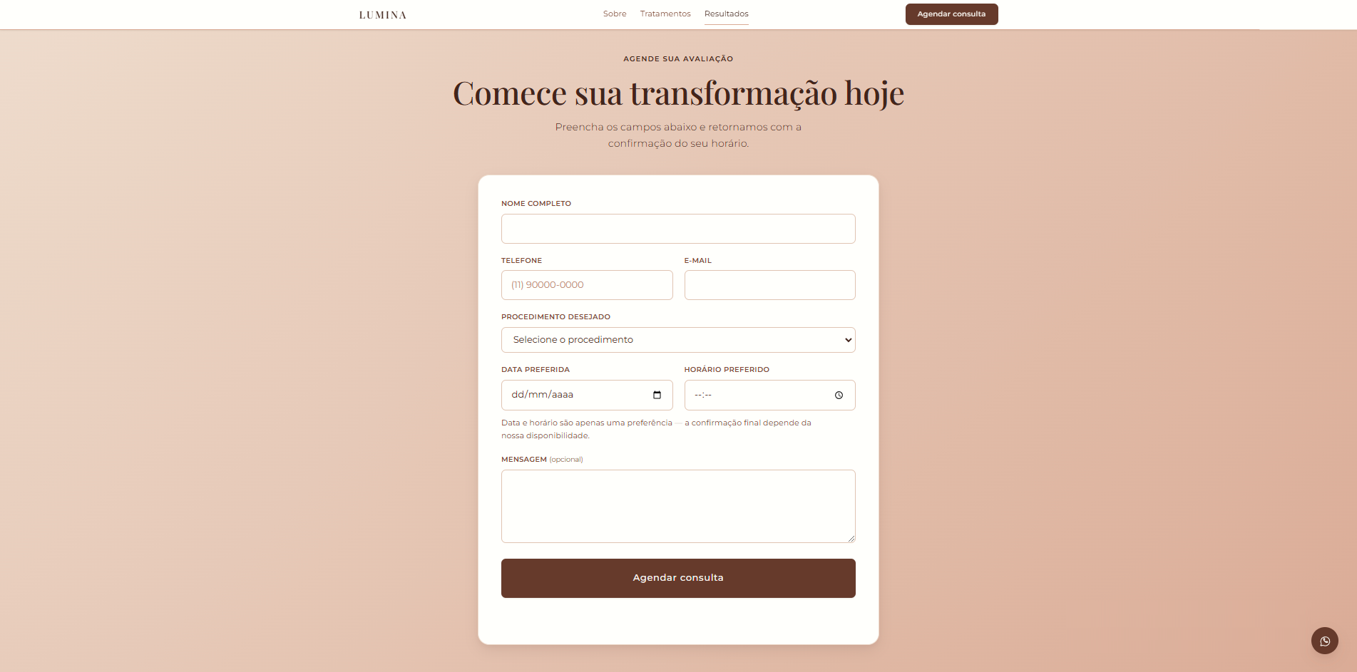 Formulário de agendamento do site: nome, telefone, procedimento desejado, data e horário preferidos e o botão Agendar consulta