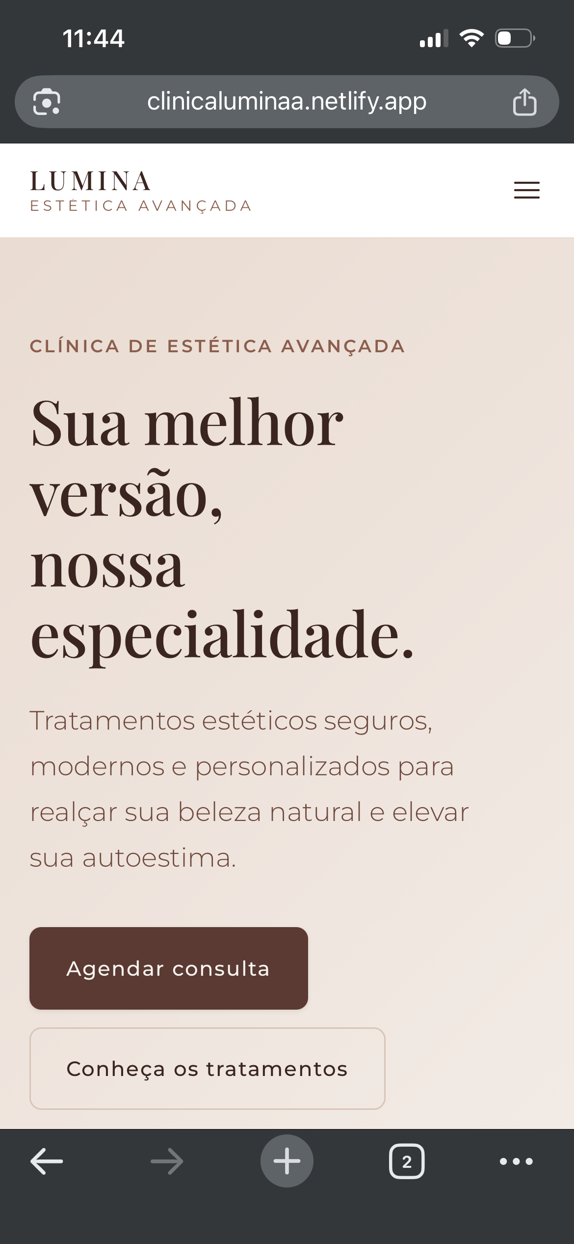 A mesma abertura no celular, com o botão Agendar consulta visível sem precisar rolar