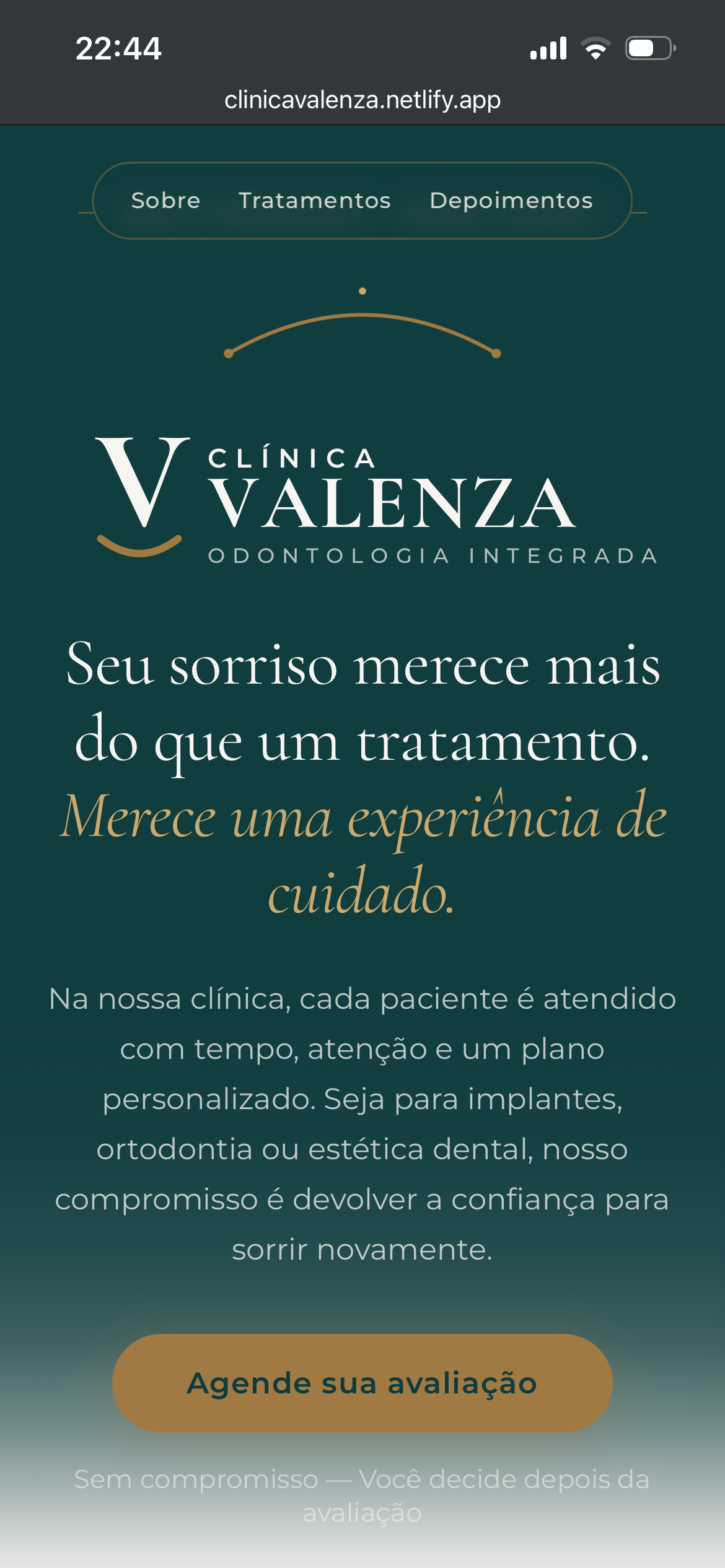 A mesma abertura no celular, com o botão Agende sua avaliação visível sem precisar rolar