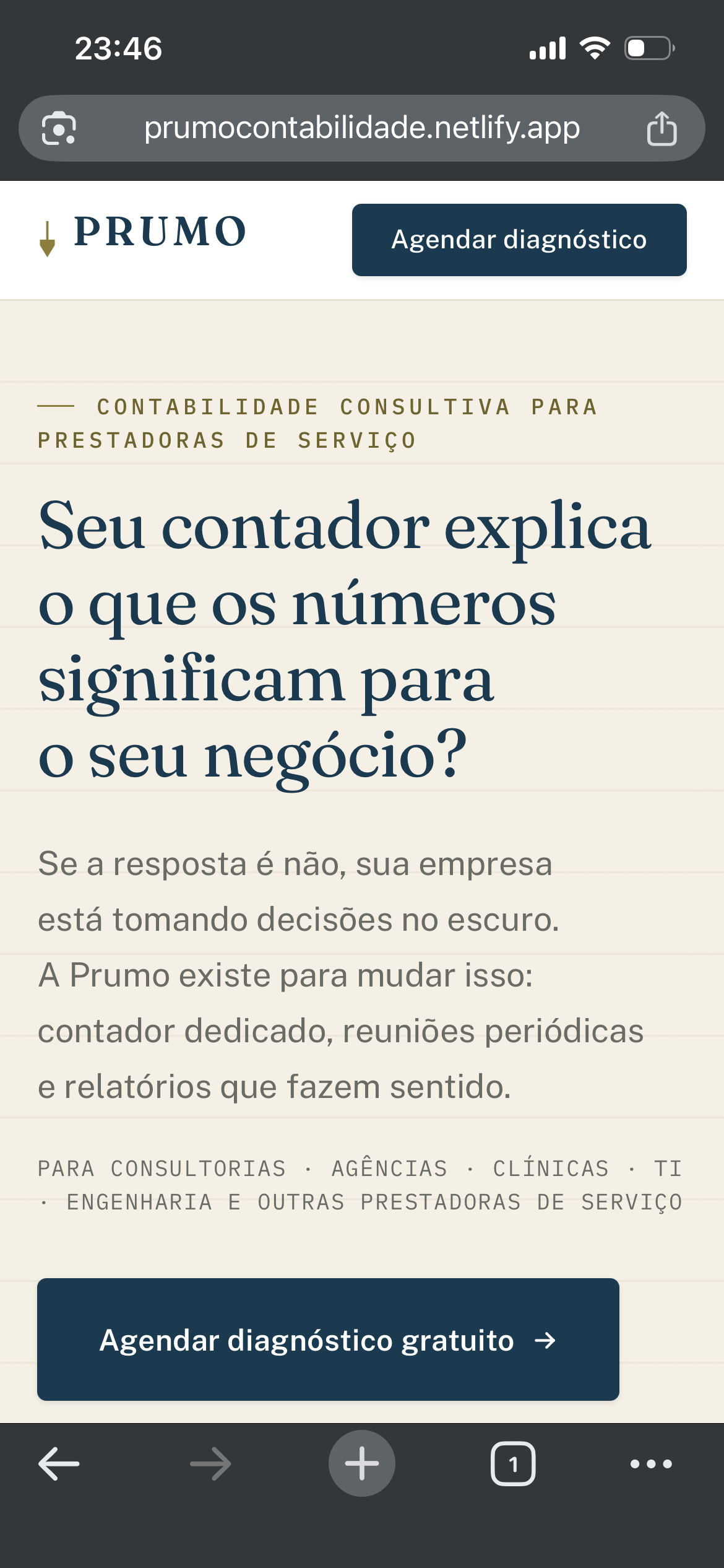 A mesma abertura no celular, com o botão Agendar diagnóstico gratuito visível sem precisar rolar